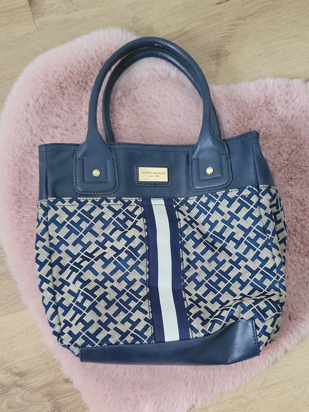 Tommy Hilfiger Navy and Cream Patterned Canvas Tote